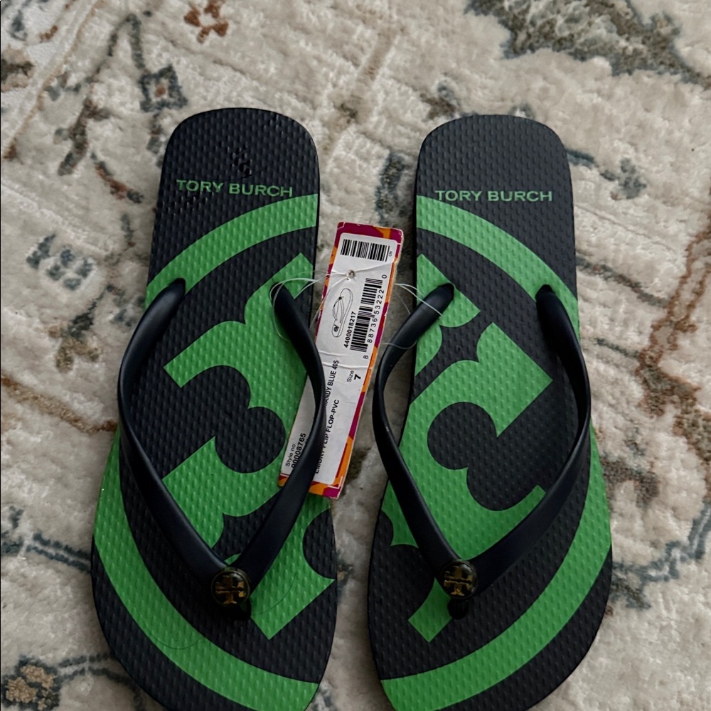 Tory Burch Navy and Green Logo Flip Flops
New